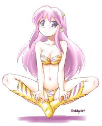 Rule 34 | 1girl, :&lt;, bare arms, bare shoulders, bikini, blush, boots, breasts, breasts squeezed together, cleavage, closed mouth, ebifly, floating, horns, indian style, looking at viewer, lum, medium breasts, navel, pointy ears, purple eyes, purple hair, simple background, sitting, solo, striped bikini, striped clothes, striped footwear, swimsuit, twitter username, urusei yatsura, white background, yellow bikini, yellow footwear