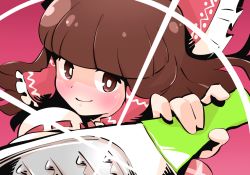 Rule 34 | 1girl, blunt bangs, blush, bow, bright pupils, brown eyes, brown hair, closed mouth, commentary request, cookie (touhou), frilled hair tubes, frills, glint, gram 9, grater, hair bow, hair tubes, hakurei reimu, holding, long hair, looking at viewer, pink background, pink bow, rurima (cookie), simple background, smile, solo, touhou, upper body, white pupils