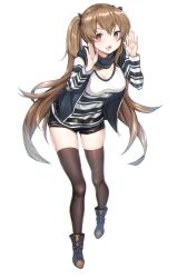 Rule 34 | 1girl, :3, absurdres, alternate costume, belt, black ribbon, black shorts, blue scarf, blush, boots, breasts, brown eyes, brown hair, brown thighhighs, cleavage, full body, girls&#039; frontline, hair between eyes, hair ornament, hair ribbon, hairclip, hands up, highres, hood, hood down, hooded jacket, jacket, jju kumey, leaning forward, long hair, long sleeves, looking at viewer, medium breasts, open clothes, open jacket, open mouth, ribbon, scar, scar across eye, scar on face, scarf, shirt, short shorts, shorts, sidelocks, sleeveless, sleeveless jacket, smile, striped clothes, striped shirt, thighhighs, twintails, ump9 (girls&#039; frontline), white background