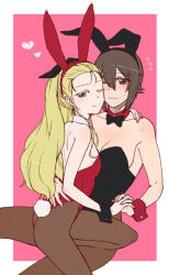 Rule 34 | 2girls, animal ears, ass, assam (girls und panzer), black bow, black bowtie, black leotard, blonde hair, blue eyes, blush, bow, bowtie, breasts, brown eyes, brown hair, brown pantyhose, cleavage, closed mouth, fake animal ears, fake tail, girls und panzer, heart, holding hands, hug, interlocked fingers, large breasts, leotard, long hair, looking at viewer, multiple girls, nishizumi maho, one eye closed, pantyhose, pink background, playboy bunny, rabbit ears, rabbit tail, red leotard, short hair, simple background, small breasts, smile, tail, torinone, yuri