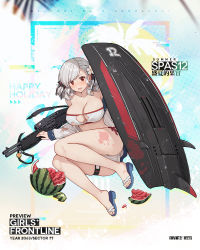 Rule 34 | 1girl, arm support, bikini, black ribbon, blush, braid, breasts, cleavage, collarbone, combat shotgun, damaged, dual-mode shotgun, flower, food, fruit, full body, girls&#039; frontline, gun, hair flower, hair ornament, hair ribbon, hand up, head tilt, holding, holding surfboard, jacket, charm (object), large breasts, long hair, long sleeves, looking at viewer, lying, navel, official alternate costume, official art, open clothes, open jacket, open mouth, pump-action shotgun, pump action, red eyes, ribbon, sandals, semi-automatic firearm, semi-automatic shotgun, shotgun, shotgun shell, side-tie bikini bottom, silver hair, skindentation, solo, spas-12, spas-12 (girls&#039; frontline), spas-12 (midsummer fruit) (girls&#039; frontline), splatter, stomach, strap, surfboard, swimsuit, terras, thighs, torn clothes, twintails, watermelon, wavy hair, weapon