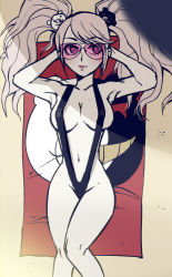 Rule 34 | 1girl, armpits, aviator sunglasses, bare arms, bare legs, bare shoulders, beach, beach towel, bear hair ornament, blonde hair, breasts, cleavage, collarbone, commission, commissioner upload, danganronpa: trigger happy havoc, danganronpa (series), enoshima junko, eyebrows, eyelashes, feet out of frame, female focus, hair ornament, hands up, highres, junkoexe, large breasts, looking to the side, monokini, monokini swimsuit, monokuma, navel, outdoors, pink-tinted eyewear, pink-tinted glasses, pink lips, sand, shade, slingshot swimsuit, solo, sunbathing, sunglasses, sunlight, swimsuit, tinted eyewear, towel, twintails