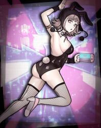 Rule 34 | 1girl, animal ears, animal hood, arm up, armlet, ass, black leotard, breasts, brown hair, danganronpa (series), danganronpa 2: goodbye despair, fake animal ears, fishnet thighhighs, fishnets, flipped hair, from side, handheld game console, high heels, highres, holding, holding handheld game console, hood, large breasts, leotard, looking at viewer, meitna, multicolored background, nanami chiaki, pink background, pink eyes, playboy bunny, rabbit ears, rabbit hood, rabbit tail, shoes, tail, thighhighs, two-tone leotard