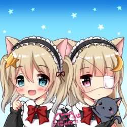 Rule 34 | 2girls, :d, animal, animal ears, apron, bad id, bad pixiv id, black cat, black dress, black hairband, blonde hair, blue background, blue eyes, blush, bow, cat, cat ears, closed mouth, collared dress, commentary request, crescent, crescent hair ornament, dress, eyepatch, finger to mouth, frilled apron, frilled hairband, frills, hair between eyes, hair ornament, hairband, heart, heart in eye, highres, long hair, long sleeves, maid, maid apron, medical eyepatch, multiple girls, nyano21, open mouth, original, red bow, red eyes, siblings, sidelocks, signature, sisters, smile, star (symbol), star hair ornament, symbol in eye, twins, twintails, very long hair, white apron