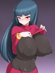 Rule 34 | 1girl, blue hair, blush, bodystocking, breasts, clothes lift, covered erect nipples, covered navel, creatures (company), game freak, gym leader, highres, huge breasts, large areolae, nintendo, pokemon, pokemon rgby, red eyes, sabrina (pokemon), shirt lift, upper body