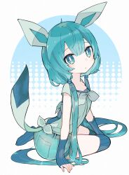 Rule 34 | animal ears, aqua eyes, aqua hair, arched back, arm support, arm warmers, blue arm warmers, blue thighhighs, bright pupils, closed mouth, commentary request, creatures (company), full body, game freak, gen 4 pokemon, glaceon, green shorts, highres, light blush, long hair, looking at viewer, low twintails, nintendo, no shoes, personification, pokemon, ribbed thighhighs, sakutake (ue3sayu), shirt, short shorts, short sleeves, shorts, sitting, tail, thighhighs, twintails, very long hair, white pupils, yokozuwari