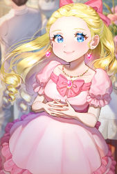 Rule 34 | 1boy, 1girl, 1other, back bow, bad id, bad pixiv id, blonde hair, blue eyes, blurry, blurry background, bouquet, bow, bracelet, brooch, child, closed mouth, collarbone, colored eyelashes, curly hair, dress, earrings, eyelashes, fingernails, floating hair, flower, formal, frilled dress, frilled sleeves, frills, from above, glint, hair ribbon, hands up, happy, highres, interlocked fingers, jewelry, layered dress, leaf, light blush, lips, long hair, looking at viewer, marnie (omoide no marnie), omoide no marnie, onene, pink bow, pink dress, pink flower, pink ribbon, puffy short sleeves, puffy sleeves, ribbon, shadow, short dress, short sleeves, sidelighting, smile, solo focus, tareme, upper body, vase