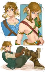 Rule 34 | 1boy, bad id, bad pixiv id, beige shirt, blonde hair, blue eyes, blue shirt, boots, brown footwear, brown gloves, brown pants, circlet, collarbone, commentary request, desert voe set (zelda), earrings, flamebreaker set (zelda), gloves, green shirt, green sleeves, hand in pants, highres, igote, ivy (sena0119), jewelry, layered sleeves, leg up, link, long sleeves, looking at viewer, looking to the side, lying, male focus, multiple views, navel, nintendo, official alternate costume, on back, pants, parted lips, pointy ears, ponytail, shirt, short over long sleeves, short sleeves, single bare shoulder, stomach, teeth, the legend of zelda, the legend of zelda: breath of the wild, tunic, white background