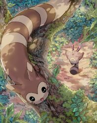 Rule 34 | aisutabetao, animal focus, black eyes, brown fur, commentary request, creatures (company), evolutionary line, furret, game freak, gen 2 pokemon, highres, leaf, nintendo, no humans, open mouth, pokemon, pokemon (creature), sentret, sitting on branch, solid oval eyes, tail, tree, two-tone fur