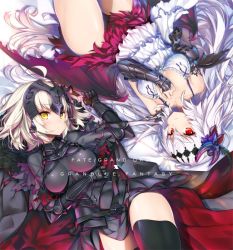 Rule 34 | 2girls, ahoge, armor, bare shoulders, black legwear, blonde hair, camisole, cape, chain, copyright name, cowboy shot, crossover, dark jeanne, fate/grand order, fate (series), flower, from above, gauntlets, granblue fantasy, hair flower, hair ornament, head tilt, hong (white spider), jeanne d&#039;arc (fate), jeanne d&#039;arc (granblue fantasy), jeanne d&#039;arc alter (avenger) (fate), jeanne d&#039;arc alter (avenger) (first ascension) (fate), jeanne d&#039;arc alter (fate), long hair, looking at viewer, low wings, lying, multiple girls, name connection, red eyes, silver hair, skirt, symmetry, thighhighs, very long hair, wings, yellow eyes