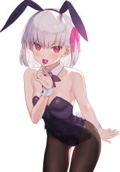 Rule 34 | 1girl, animal ears, bare shoulders, blush, breasts, candy, cleavage, collarbone, covered navel, cowboy shot, detached collar, eyes visible through hair, fake animal ears, fate/grand order, fate (series), food, highres, kama (fate), leotard, lollipop, looking at viewer, nail polish, pantyhose, playboy bunny, purple hair, rabbit ears, red eyes, revision, short hair, siino, simple background, small breasts, smile, solo, standing, strapless, strapless leotard, white background, wrist cuffs