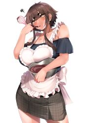 Rule 34 | 1girl, absurdres, apron, bowl, breasts, brown eyes, chocolate, collarbone, commentary request, grey skirt, highres, holding, holding bowl, jovejun, large breasts, looking away, medium hair, original, plaid, plaid skirt, simple background, skirt, solo, standing, thick eyebrows, thighs, tsubomioka happa, valentine, white apron, white background