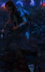 Rule 34 | 1girl, backpack, bag, blue footwear, blue jacket, blue pants, blue theme, brown hair, bush, corpse, dark, ellie (the last of us), fighting stance, from side, highres, holding, holding knife, jacket, knife, legs apart, long hair, open clothes, open jacket, pants, ryusei hashida, shirt, shoes, short sleeves, signature, standing, the last of us (series), the last of us 2, white shirt, wristband