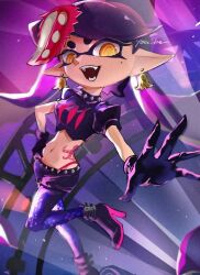 Rule 34 | 1girl, @ @, ankle boots, black gloves, black hair, boots, bow-shaped hair, callie (splatoon), collar, crop top, domino mask, earrings, fangs, food, food-themed earrings, food-themed hat ornament, food art, food on head, gloves, hand on own hip, hat ornament, high heel boots, high heels, highleg, highleg panties, inkling, jewelry, leg up, mask, midriff, mind control, mole, mole under eye, navel, nintendo, object on head, octopus tattoo, panties, pink panties, pointy ears, solo, spiked collar, spikes, splatoon (series), splatoon 2, stage, standing, standing on one leg, stomach tattoo, tako-san wiener, tattoo, tentacle hair, thick eyebrows, underwear, yellow eyes, you ha