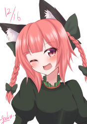 Rule 34 | 1girl, ;d, animal ears, bow, braid, cat ears, dated, dress, fang, hair bow, juliet sleeves, kaenbyou rin, long sleeves, looking at viewer, one-hour drawing challenge, one eye closed, open mouth, puffy sleeves, red eyes, red hair, signature, smile, solo, touhou, twin braids, upper body, youka1258