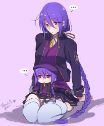 Rule 34 | ..., 1girl, beret, blush, braid, breasts, chibi, confused, cropped jacket, eltnum, hair ribbon, hat, highres, jewelry, long hair, melty blood, miniskirt, necktie, purple eyes, purple hair, ribbon, seiza, single braid, sion eltnam atlasia, sitting, skirt, solo, sweater, thighhighs, tsukihime, tusia, under night in-birth, v-neck, vampire, very long hair, white thighhighs, zettai ryouiki