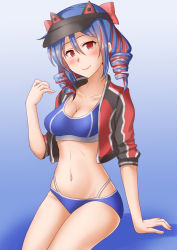 Rule 34 | 1girl, animal ears, anti (untea9), bikini, blue background, blue bikini, blue hair, bow, breasts, cat ears, cleavage, collarbone, commission, cosplay, cowboy shot, cropped jacket, drill hair, fake animal ears, gradient background, hair bow, harukaze (kancolle), highres, jacket, kantai collection, long hair, looking at viewer, medium breasts, multicolored clothes, multicolored hair, multicolored jacket, navel, red bow, red eyes, red hair, simple background, sitting, solo, south dakota (kancolle), south dakota (kancolle) (cosplay), sports bikini, swimsuit, twin drills, two-tone jacket, visor cap, white hair
