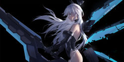 Rule 34 | 1girl, aqua eyes, ass, bare shoulders, black background, black gloves, black heart (neptunia), black leotard, breasts, closed mouth, cowboy shot, elbow gloves, expressionless, floating hair, from side, gloves, groin, halterneck, highres, holding, holding sword, holding weapon, large breasts, leotard, long hair, neptune (series), noire (neptunia), profile, sideboob, sidelocks, simple background, solo, standing, swd3e2, sword, thighs, weapon, white hair, wings