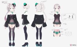 Rule 34 | 1girl, artist name, bare shoulders, black footwear, black jacket, black thighhighs, camisole, character name, character sheet, choker, cropped arms, cropped legs, denim, denim shorts, frills, full body, fur trim, green hair, green shorts, hat, high heels, highres, ice noyuri, ice noyuri channel, iriam, jacket, long hair, long sleeves, mini hat, mirei works, multicolored hair, multiple views, open clothes, open jacket, shoes, short shorts, shorts, side ponytail, silver hair, streaked hair, thighhighs, two-tone hair, virtual youtuber
