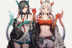 2girls, absurdres, aqua skin, arknights, bandeau, belt, belt pouch, black belt, black coat, black hair, blue fire, blush, braid, breasts, china dress, chinese clothes, chinese commentary, claw pose, cleavage, cleavage cutout, closed mouth, clothing cutout, coat, coat on shoulders, colored skin, cowboy shot, dragon girl, dragon horns, dragon tail, dress, dusk (arknights), earrings, fangs, fire, grey background, hair between eyes, hair over one eye, hand on own chest, head tilt, highres, horns, huge filesize, jewelry, lips, long hair, looking at viewer, medium breasts, multicolored, multicolored hair, multicolored skin, multiple girls, navel, nian (arknights), off shoulder, open clothes, open coat, open mouth, pointy ears, ponytail, pouch, purple eyes, red eyes, red hair, red neckwear, red skin, red tubetop, short dress, short shorts, shorts, siblings, side-by-side, side braid, silver hair, simple background, single braid, sisters, sleeveless, sleeveless dress, smile, somnuss, stomach, strapless, streaked hair, tail, tassel, tassel earrings, tubetop, two-tone hair, white coat, white dress, white shorts