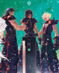 Rule 34 | 3boys, angeal hewley, armor, baggy pants, belt, black hair, blonde hair, buster sword, closed eyes, cloud strife, crisis core final fantasy vii, facial scar, feathered wings, feet out of frame, final fantasy, final fantasy vii, gloves, green background, hair between eyes, hair slicked back, highres, holding, holding sword, holding weapon, ldawb, male focus, multiple belts, multiple boys, muscular, muscular male, pants, parted bangs, scar, scar on cheek, scar on face, short hair, shoulder armor, single wing, sleeveless, sleeveless turtleneck, smile, spiked hair, standing, suspenders, sword, turtleneck, weapon, white wings, wings, wolf, zack fair