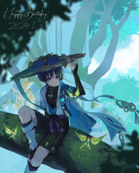 Rule 34 | 1boy, 32 oogawa, arm up, belt, black belt, black bow, black footwear, black gloves, black hair, black shirt, black shorts, black socks, blue cape, blue gemstone, blue headwear, blue sky, blunt ends, bow, branch, bug, butterfly, butterfly wings, cape, closed mouth, cloud, cloudy sky, covered collarbone, crystalfly (genshin impact), dated, day, elbow gloves, eyeshadow, fingerless gloves, fingernails, flying, gem, genshin impact, gloves, gold trim, green butterfly, hair between eyes, hand on headwear, happy birthday, hat, highres, insect, insect wings, jewelry, jingasa, leaf, leg warmers, looking to the side, makeup, mandarin collar, open clothes, open vest, outdoors, pom pom (clothes), purple belt, purple eyes, red eyeshadow, ring, sandals, scaramouche (genshin impact), shirt, short hair, short sleeves, shorts, sitting, sky, sleeveless, sleeveless shirt, socks, tassel, tree, vest, vision (genshin impact), wanderer (genshin impact), white vest, wings