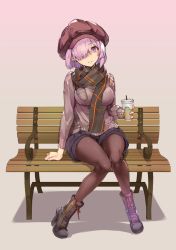 Rule 34 | 1girl, alternate costume, ankle boots, bench, boots, casual, hair over one eye, hat, high heel boots, high heels, highres, light purple hair, mash kyrielight, pantyhose, purple eyes, scarf, short hair, shorts, sitting, starbucks, sweater, zutta