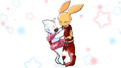 Rule 34 | blush, bokomon, couple, digimon, gloves, highres, looking at another, neamon, pants, star (symbol)