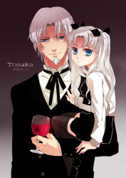 Rule 34 | 1boy, 1girl, age difference, alcohol, alternate hair color, blue eyes, carrying, child, child carry, cup, drinking glass, fate/zero, fate (series), father and daughter, formal, hair ribbon, parted bangs, ribbon, suit, thighhighs, tohsaka rin, tohsaka tokiomi, twintails, white hair, wine, wine glass, yunvshen