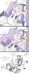 Rule 34 | 2girls, ?, ??, absurdres, anger vein, animal ears, blush, bow, brown headwear, closed eyes, closed mouth, comic, crossed arms, ear bow, eye contact, face-to-face, flying sweatdrops, frown, gold ship (umamusume), grey hair, hat, heart, highres, horse ears, horse girl, horse tail, kabedon, kicking, kiss, kneeling, long hair, looking at another, mejiro mcqueen (umamusume), multiple girls, purple hair, purple shirt, school uniform, shirt, short sleeves, silent comic, sitting, skirt, spoken anger vein, spoken heart, spoken question mark, surprised, sweatdrop, tail, thought bubble, tracen school uniform, tsundere, umamusume, unneul, white skirt, yuri