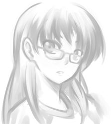 Rule 34 | 00s, 1girl, bad id, bad pixiv id, female focus, flcl, glasses, greyscale, long hair, lowres, monochrome, ninamori eri, pas (paxiti), portrait, simple background, solo, white background