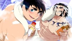 Rule 34 | 2boys, abs, absol (dkqthf), bara, black hair, blue eyes, blush, bottle, character request, facial hair, facial scar, heterochromia, holding, holding bottle, holding towel, large pectorals, long sideburns, looking at viewer, male focus, multicolored hair, multiple boys, muscular, muscular male, navel, nipples, one eye closed, open mouth, pectorals, red eyes, scar, scar on cheek, scar on face, short hair, sideburns, smile, teeth, tokyo houkago summoners, towel, towel around neck, towel around waist, two-tone hair, white hair