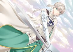 Rule 34 | 1boy, absurdres, armor, bad id, bad pixiv id, bedivere (fate), blonde hair, braid, cape, cloud, dutch angle, fate/grand order, fate (series), green eyes, hair tubes, highres, long hair, looking at viewer, male focus, siika 620, silver hair, sky, solo, sword, weapon, wind
