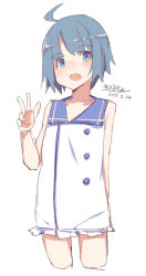 Rule 34 | 1girl, :d, ahoge, bare arms, bare shoulders, blue eyes, blue hair, blue sailor collar, blush, dated, dress, fang, hand up, looking at viewer, maze (gochama ze gohan), open mouth, original, sailor collar, sailor dress, short hair, signature, simple background, sketch, smile, solo, v, white background, white dress