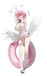Rule 34 | 1girl, absurdres, arm up, bikini, black ribbon, blue archive, double bun, frilled bikini, frills, hair bun, hair ribbon, halo, head tilt, highres, leaning to the side, mika (blue archive), open mouth, pink hair, prothy, ribbon, standing, swimsuit, thigh strap, white bikini, wings, yellow eyes