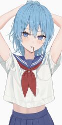 Rule 34 | 1girl, absurdres, alternate costume, arms up, blue eyes, blue hair, blue sailor collar, blue skirt, blush, commentary request, hair tie in mouth, highres, hololive, hoshimachi suisei, looking at viewer, medium hair, mouth hold, neckerchief, norio (noriosub), parted lips, partial commentary, pleated skirt, red neckerchief, sailor collar, school uniform, serafuku, shirt, short sleeves, simple background, skirt, solo, star (symbol), star in eye, symbol in eye, tying hair, virtual youtuber, white background, white shirt