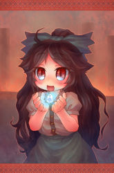 Rule 34 | 1girl, bow, brown hair, egg, female focus, glowing, hair bow, highres, long hair, magic circle, open mouth, outstretched hand, red eyes, reiuji utsuho, runes, sankuma, smile, solo, touhou