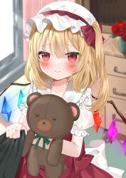 Rule 34 | 1boy, 1girl, absurdres, blonde hair, blush, crystal, drawer, flandre scarlet, flower, frilled shirt collar, frills, hat, highres, holding, holding stuffed toy, indoors, medium hair, mob cap, okome2028, one side up, pink eyes, pov, puffy short sleeves, puffy sleeves, red flower, red rose, rose, shirt grab, short sleeves, sidelighting, solo focus, stuffed animal, stuffed toy, teddy bear, touhou, vase, window, wings