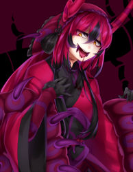Rule 34 | 1girl, black gloves, black hair, blood, blood on face, blood stain, blood on clothes, creatures (company), game freak, gen 5 pokemon, gloves, gradient hair, horns, arthropod girl, multicolored hair, nintendo, personification, pokemon, red hair, scar, scolipede, shikkoku neko, solo, source request, tongue, tongue out, yellow eyes