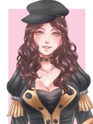 Rule 34 | 1girl, black hat, breasts, brown hair, choker, cleavage, dorothea arnault, fire emblem, fire emblem: three houses, green eyes, hat, highres, long hair, nintendo, parted lips, pink background, simple background, solo, uniform, upper body, yumikari07