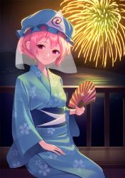 Rule 34 | 1girl, alternate hairstyle, arm up, blue hat, blue kimono, blush, cherry blossom print, commentary, fireworks, floral print, folding fan, hair up, hand fan, hand on lap, hat, head tilt, highres, holding, holding fan, japanese clothes, kanpa (campagne 9), kimono, long sleeves, looking at viewer, mob cap, night, obi, outdoors, pink eyes, pink hair, railing, reflection, saigyouji yuyuko, sash, sitting, solo, touhou, triangular headpiece, water, yukata