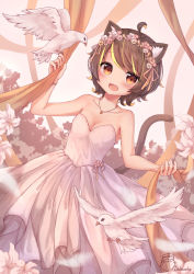 Rule 34 | 1girl, :d, ahoge, animal, animal ear fluff, animal ears, annin miru, annin miru channel, bird, blonde hair, breasts, brown eyes, brown hair, cat ears, cat girl, cat tail, cleavage, commentary request, dress, dutch angle, feathers, flower, flower wreath, head wreath, highres, looking at viewer, maka neko, multicolored hair, open mouth, pink flower, pleated dress, short hair, signature, small breasts, smile, solo, standing, strapless, strapless dress, streaked hair, tail, tail raised, teeth, upper teeth only, virtual youtuber, white dress, white feathers, white flower