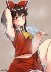 Rule 34 | 1girl, armpits, artist name, bow, brown hair, expressionless, fanning self, hair bow, hair ornament, hakurei reimu, hand fan, highres, japanese clothes, looking at viewer, midriff peek, miko, monrooru, red eyes, red skirt, skirt, solo, steaming body, stomach, sweat, thighs, touhou