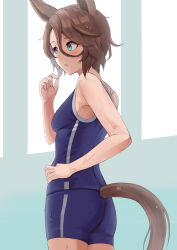 Rule 34 | 1girl, absurdres, animal ears, ass, blue eyes, blue one-piece swimsuit, brown hair, commentary request, competition school swimsuit, cowboy shot, from behind, hair between eyes, highres, horse ears, horse girl, horse tail, narita taishin (umamusume), nida keita, nida keita, one-piece swimsuit, school swimsuit, short hair, solo, swimsuit, tail, tracen swimsuit, umamusume
