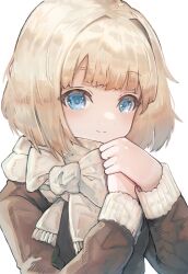 Rule 34 | 1girl, absurdres, blonde hair, blue eyes, brown jacket, closed mouth, commentary request, fringe trim, hair intakes, hands up, highres, jacket, looking at viewer, original, scarf, simple background, smile, solo, townoise, upper body, white background, white scarf
