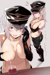 Rule 34 | 10s, 1girl, absurdres, ass, black gloves, black pants, blue eyes, blush, breast milk, breasts, butt crack, chocolate misu, chocolate misu (cosplay), cosplay, elbow gloves, embarrassed, full body, girls und panzer, gloves, gold trim, grabbing own breast, grey background, hair between eyes, hand in own hair, hat, highres, itsumi erika, lactation, large breasts, long hair, looking at viewer, multiple views, navel, nipples, no bra, noripachi, open mouth, pants, puffy nipples, scan, sidelocks, simple background, standing, suspenders, sweat, sweatdrop, translated, upper body, white hair