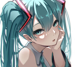 Rule 34 | 1girl, aqua eyes, aqua hair, aqua nails, aqua necktie, bare shoulders, collared shirt, commentary, detached sleeves, fingernails, grey shirt, hand on own cheek, hand on own face, hatsune miku, highres, kasoku souchi, long fingernails, long hair, long sleeves, looking at viewer, nail polish, necktie, open mouth, shirt, simple background, solo, twintails, upper body, very long hair, vocaloid, white background