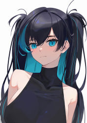 Rule 34 | 1girl, bare shoulders, black hair, black shirt, blue eyes, blue hair, breasts, closed mouth, colored inner hair, haiz (vtuber), highres, large breasts, long hair, looking at viewer, monstar (company), multicolored hair, shirt, simple background, slit pupils, solo, two side up, virtual youtuber, white background, whitem (whiteemperor2020)