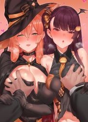 Rule 34 | 2girls, absurdres, alternate costume, bad id, bad twitter id, bare shoulders, belt, black cape, black hat, blush, bow, breasts, breath, brown hair, buckle, cape, cleavage, collar, collarbone, dress, elbow gloves, food-themed hair ornament, girls&#039; frontline, gloves, grabbing, grabbing another&#039;s breast, grabbing another's breast, gradient background, green eyes, groping, guided breast grab, guiding hand, hair between eyes, hair bow, hair ornament, hair ribbon, halloween, halloween costume, hand on breast, hat, heart, highres, jack-o&#039;-lantern, large breasts, long hair, looking at viewer, multiple girls, naughty face, navel, necktie, official alternate costume, open mouth, pumpkin hair ornament, purple hair, ribbon, shirt, simple background, sleeveless, sleeveless dress, sleeveless shirt, springfield (classic witch) (girls&#039; frontline), springfield (girls&#039; frontline), suisogenshi, upper body, wa2000 (girls&#039; frontline), wa2000 (haunted castle) (girls&#039; frontline), witch, witch hat