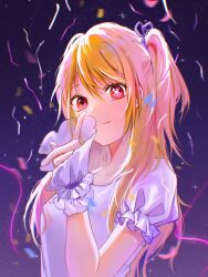 Rule 34 | 1girl, blonde hair, chromatic aberration, closed mouth, collarbone, commentary, frilled cuffs, frilled shirt, frilled sleeves, frills, hair between eyes, hair ribbon, hand up, highres, hoshino ruby, idol, idol clothes, index finger raised, looking at viewer, mismatched pupils, motion blur, one side up, oshi no ko, puffy short sleeves, puffy sleeves, purple ribbon, red eyes, ribbon, shadow, shirt, short sleeves, sidelocks, smile, solo, star-shaped pupils, star (symbol), symbol-shaped pupils, upper body, white shirt, white wrist cuffs, wrist cuffs, xiang yu pai